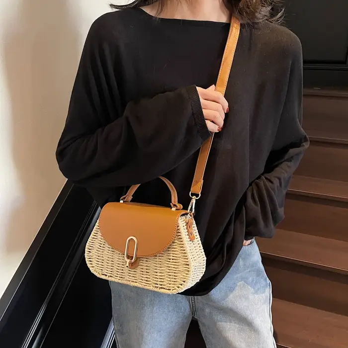 Sac de plage en paille et cuir PU
