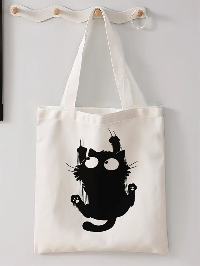 Sac à main décontracté imprimé motif chat noir, sac à dos réutilisable à la mode, sac à main multifo