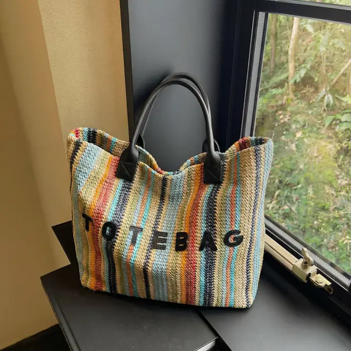 Sac fourre-tout pour femmes, sac à bandoulière de voyage portable, rayures colorées, grande capacité