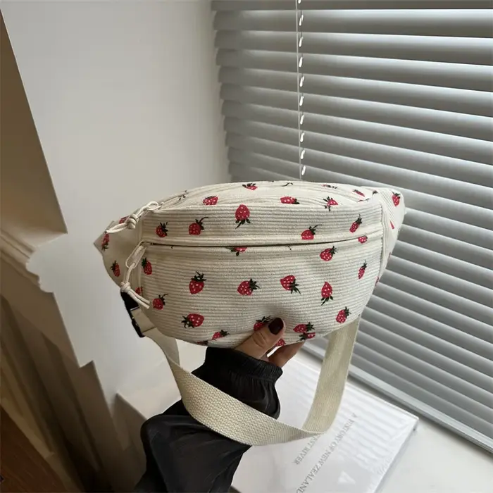 Sac de taille femmes hommes velours côtelé Fanny Pack fraises poche mode poitrine sac à main sport voyage sac