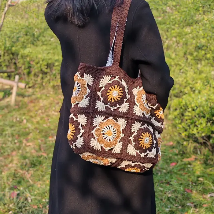 Fil fait à la main Crochet sac à bandoulière Vintage grand-mère carré fourre-tout rétro tricoté fleur motif sac grande capacité Boho décontracté femmes