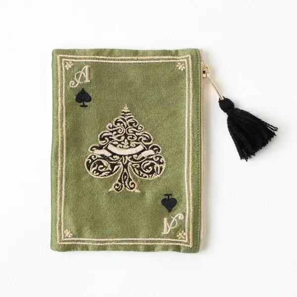Pochette cosmétique brodée à la main motif cartes à jouer, style ethnique, sac à monnaie portable, s