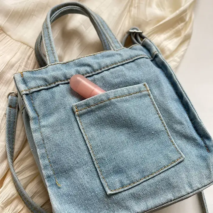 Sac à Main en Denim Délavé de Couleur Unie pour Femme