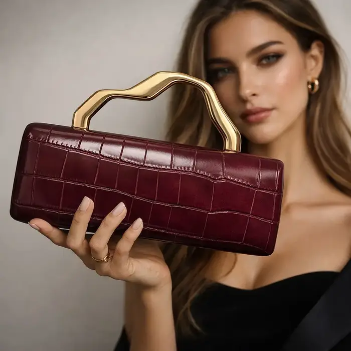 Pochette de soirée de luxe en PU à motif crocodile bordeaux avec poignée dorée pour femmes Sac à main de fête élégant
