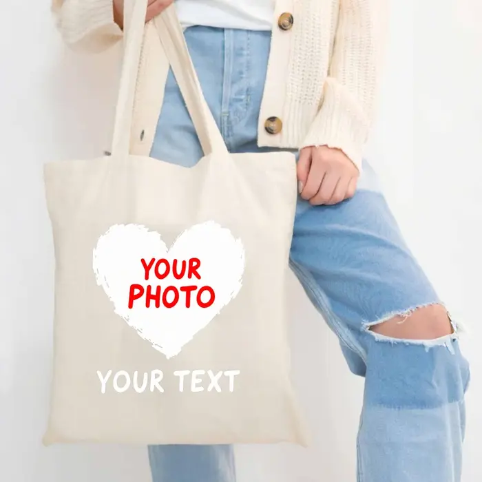 Sac fourre-tout en toile personnalisable avec photo d'amour blanc naturel et impression de texte pour un usage quotidien
