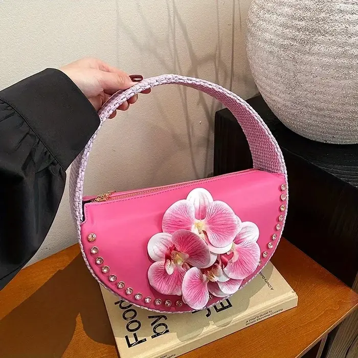 Sac à bandoulière de luxe pour femme, design original, fleur 3D, strass, demi-lune, sac à main, nouv