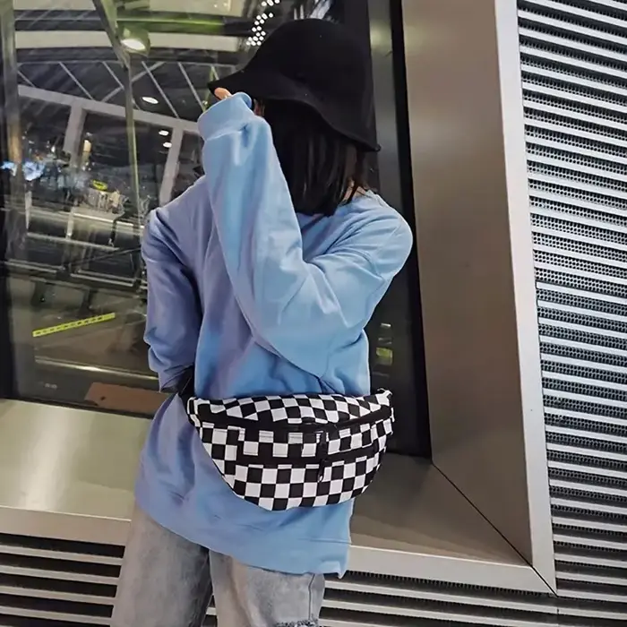 Sac de taille à carreaux noir et blanc pour femme avec poche poitrine à double fermeture éclair