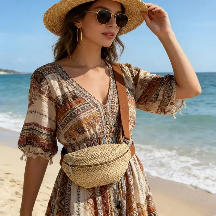 Sac banane tressé en paille pour femme