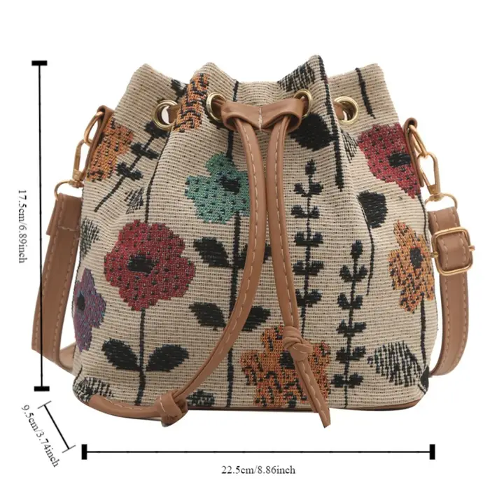 Sac à main en tissu de lin pour femme, sac à bandoulière floral, style ethnique, mode, E27