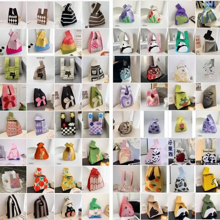 Sacs fourre-tout pour femmes, sac tricoté à la main avec nœud au poignet, Mini seau rayé Portable po