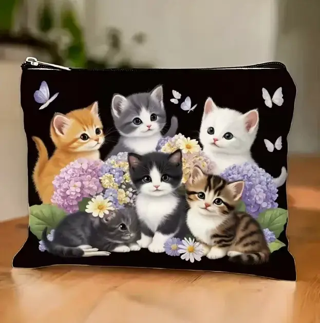 Sac de maquillage à imprimé chat - Sac à fermeture éclair multifonctionnel mignon, sac de rangement 