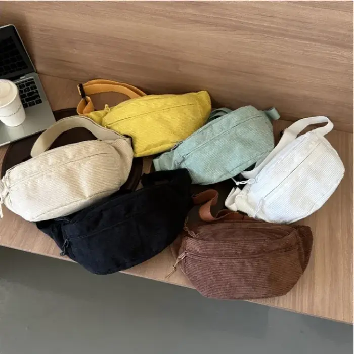 Sac banane femme en velours côtelé et toile