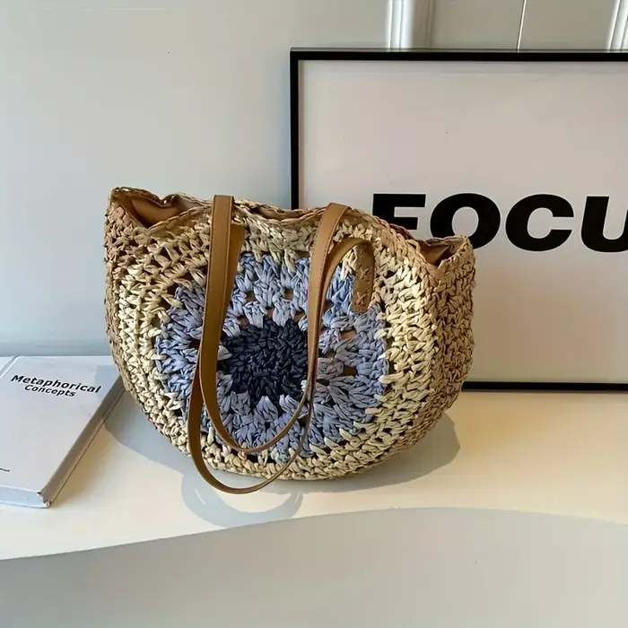 Sac rond en paille tressé à la main pour l'été, cabas bohème pour femme, panier décontracté pour la 