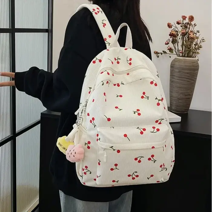 Sac à dos en velours côtelé motif cerise pour femmes