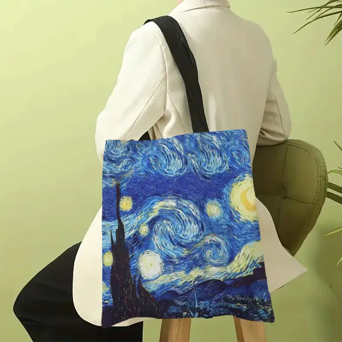 Sac à main léger en lin de la série Van Gogh, peinture à l'huile, nuit étoilée, tournesol, abricot, 