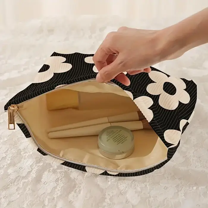 Pochette de maquillage en velours côtelé à imprimé floral jaune