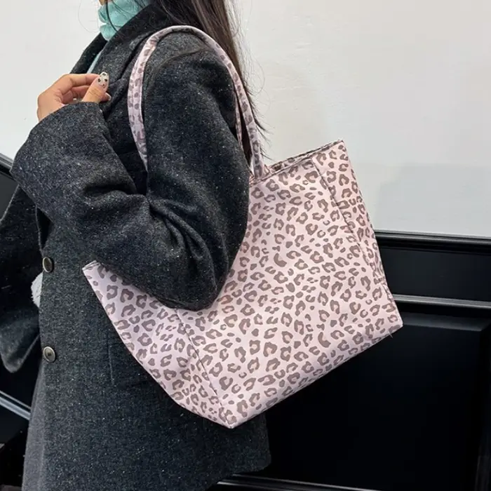 Sac fourre-tout en toile imprimé léopard rose