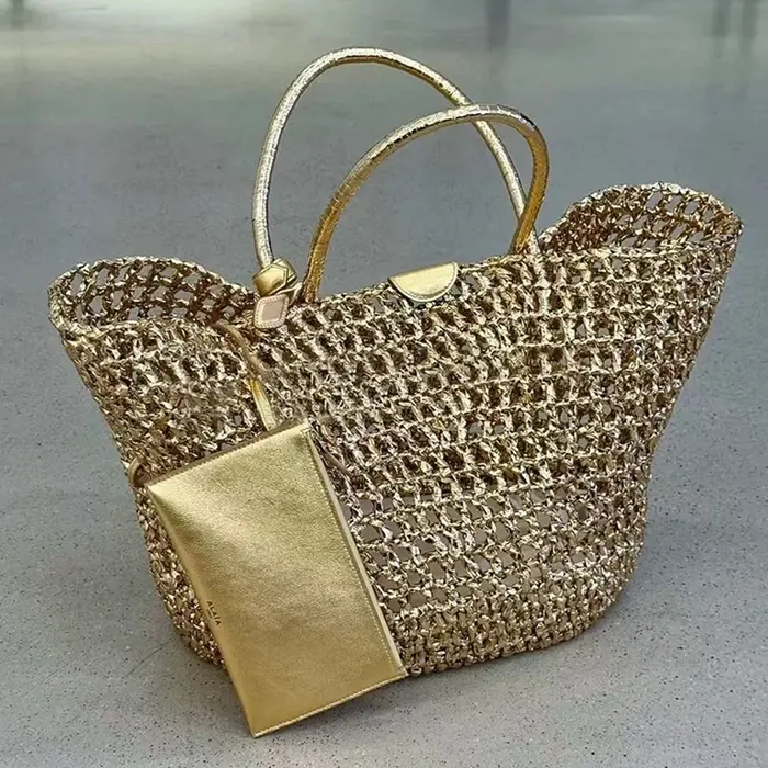 Sac fourre-tout ajouré tissé à la main couleur or