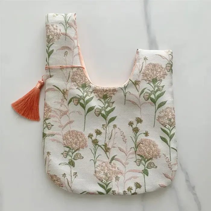 Sac à main en jacquard floral élégant avec nœud en satin et pompon, mini pochette de style chinois,