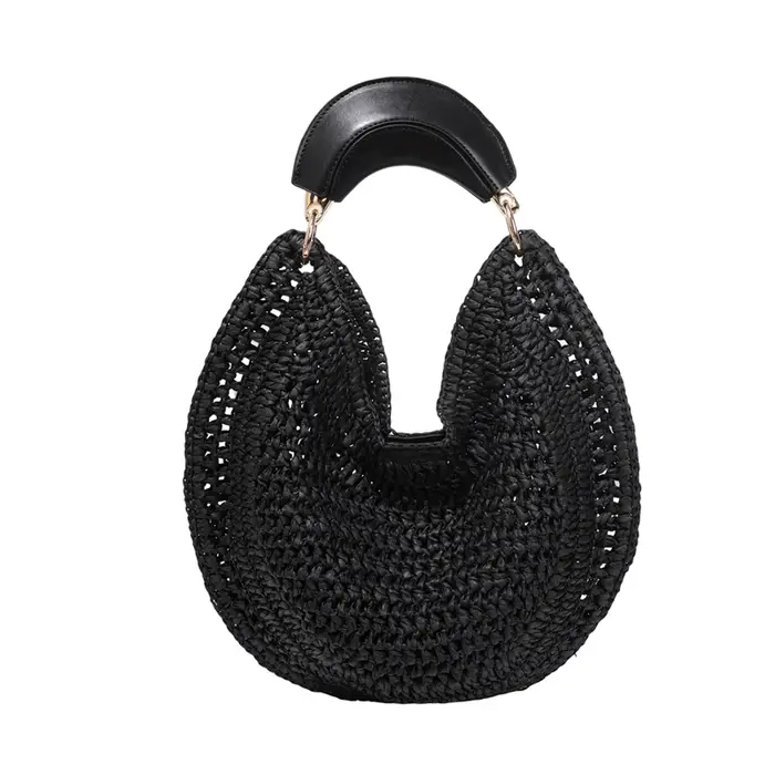 Sac fourre-tout hobo en paille tressée à la main pour femme, style bohème d'été, en forme de croissa