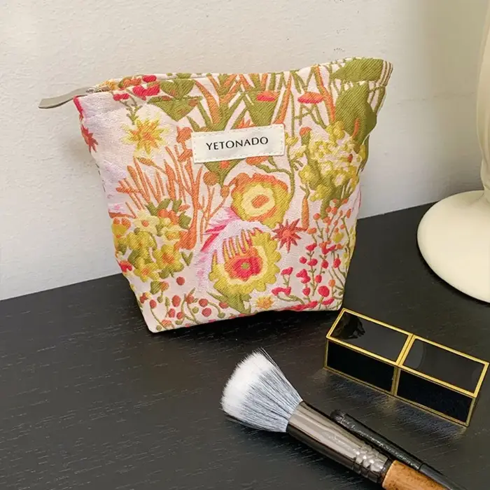 Pochette en toile de polyester à motif floral, fermeture éclair, pochette de rangement pour cosmétiques, grande capacité, portable
