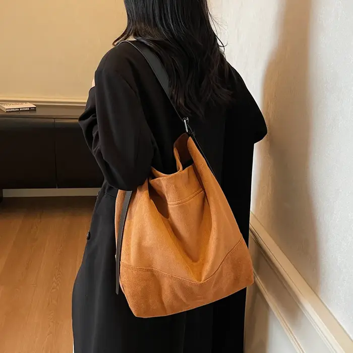 Sac fourre-tout à bandoulière décontracté pour femmes qualité daim couleur Pure grande capacité Shopper