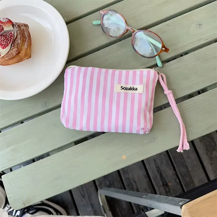 Petit sac à cosmétiques mignon, Mini organisateur rayé en toile pour femmes, sac de maquillage pour 