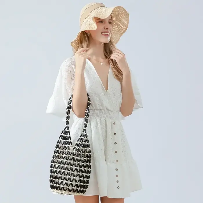 Sac tissé Design exquis évider perle de bois fourre-tout seau sac à bandoulière femme été plage sac à main сумка mягкая ♥