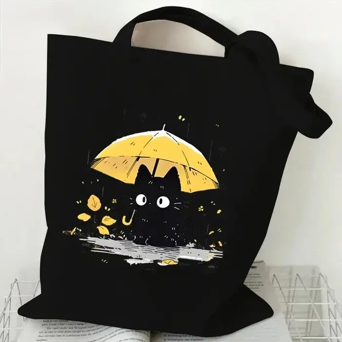 Sac fourre-tout en toile imprimé chat, motif chat de dessin animé mignon, sac à bandoulière pour les