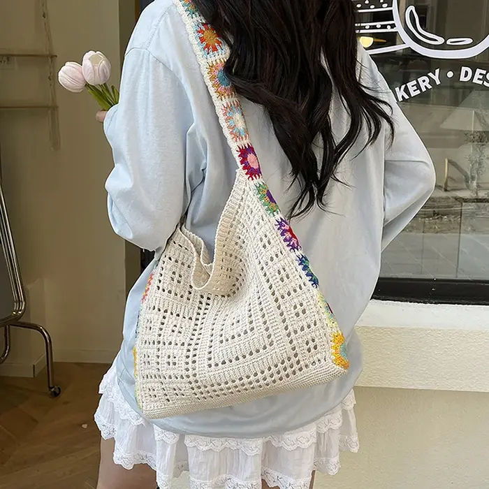 Sac fourre-tout d'été, crochet vintage multicolore, floral bohème avec grande capacité de transport