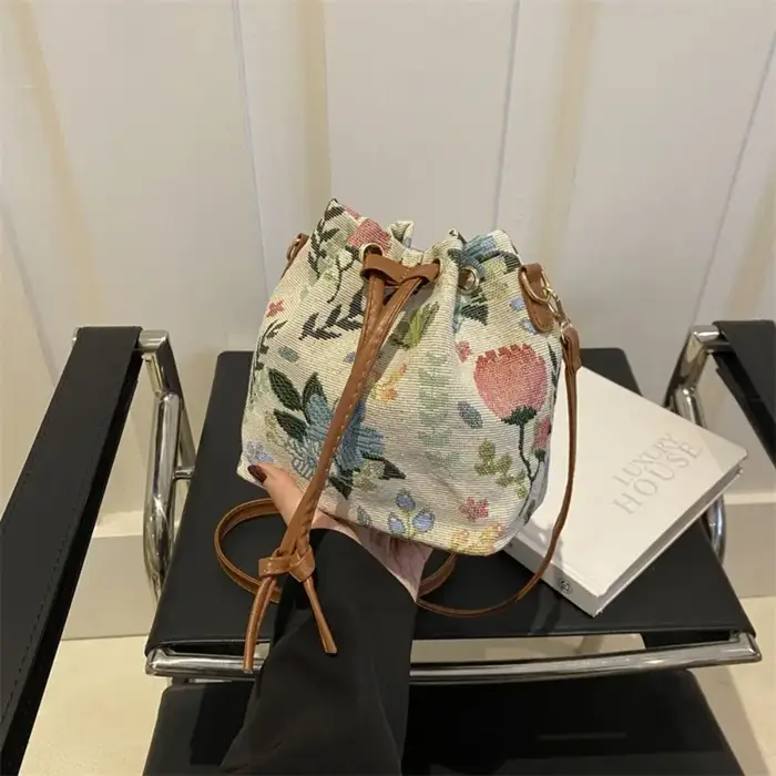 Sac à main en tissu de lin pour femme, sac à bandoulière floral, style ethnique, mode, E27