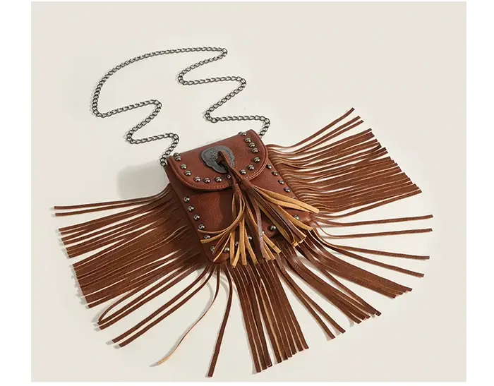 Boho marron Rivet frange petit sac pour femmes sacs à main Hippie gitane bohème gland