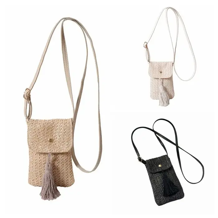 Sac à main tissé en paille tendance, fait main, style coréen, pochette pour téléphone pour femme, design de niche, couleur unie, sac de plage tissé, été