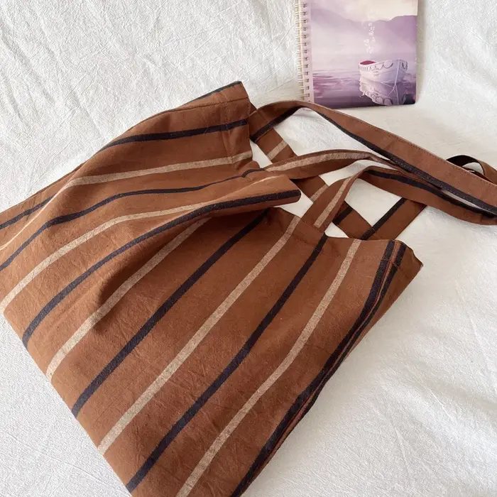 Sacs à main rayés orange vintage pour femmes, sac à provisions rétro en coton lin, grand fourre-tout