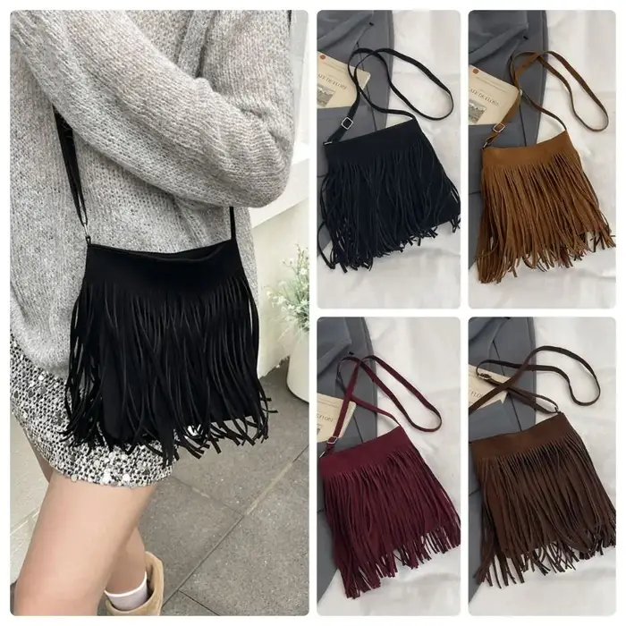 Sac bandoulière vintage en suède à franges