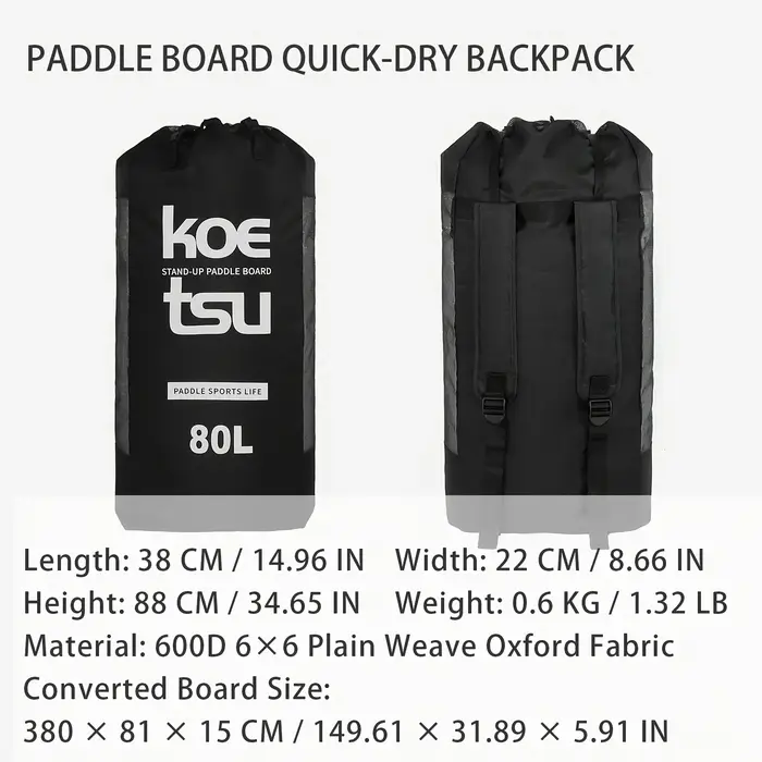 KOETSU SUP Sac à dos à séchage rapide Tissu Oxford renforcé noir pour planches à pagaie jusqu'à 3,8 