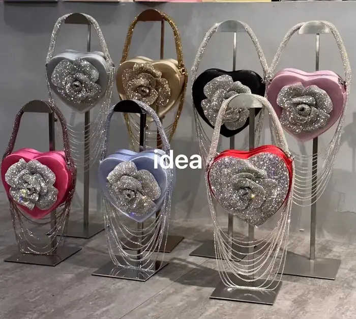 Sac à Main de Luxe à Paillettes Florales, Strass, Diamant, Pompon, en Forme de Cœur, Pochette de ixd