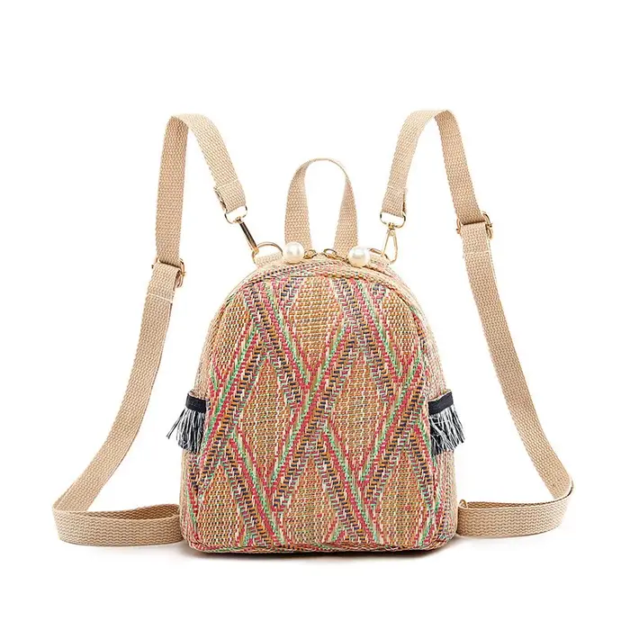Mini sac à dos en paille tressée respirant pour femme