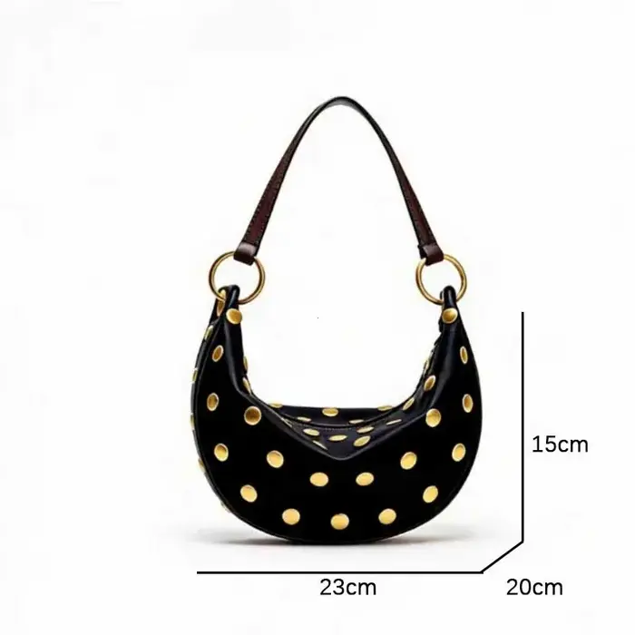 Sac Hobo Vintage en Cuir PU Marron avec Clous Dorés Décoratifs
