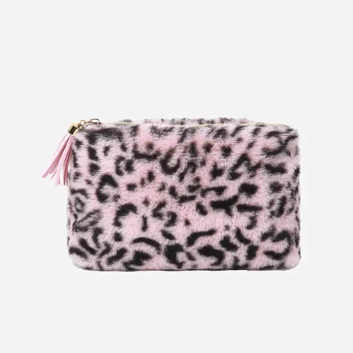 Sac à cosmétiques en peluche léopard avec pompon en PU