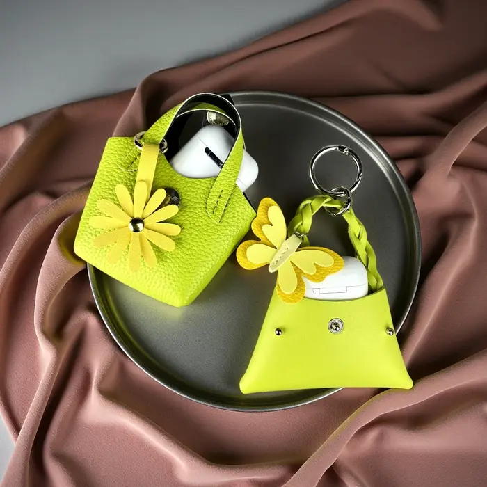 Ensemble Pochette Tournesol et Porte-clés en Cuir PU Vert Pomme - Porte-monnaie Fonctionnel
