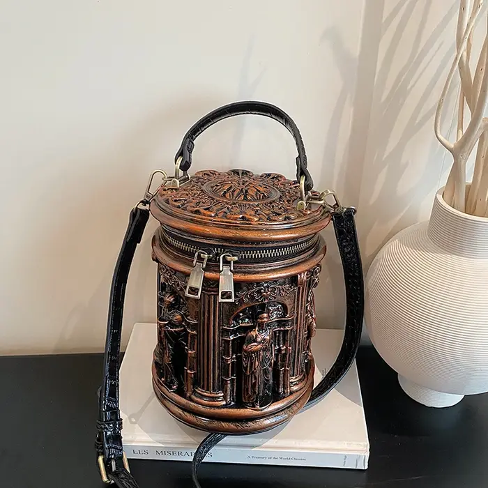 Sac seau mini vintage en PU à relief 3D pour femme