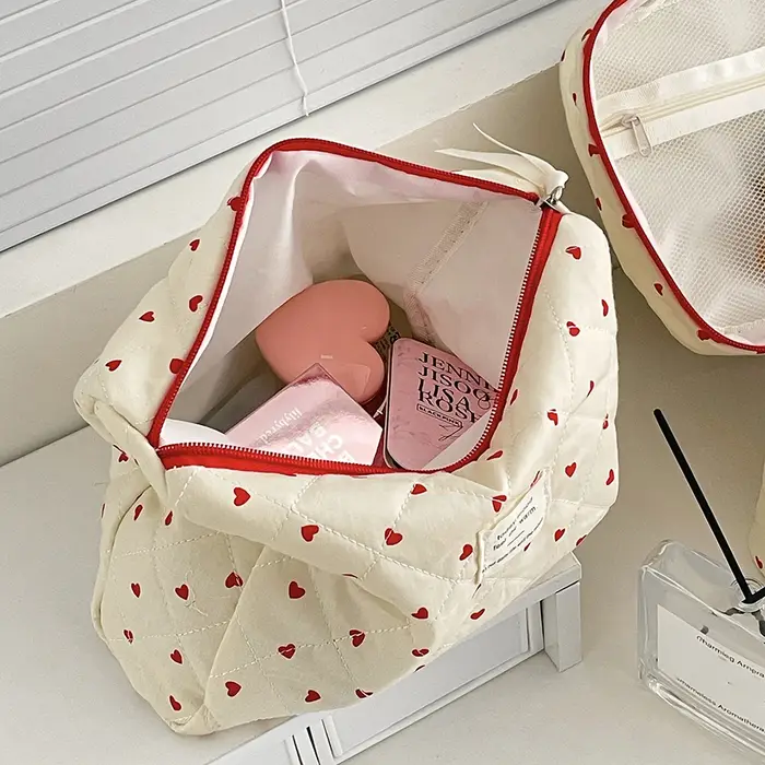 Mode Ins coeur femmes Quilting sac de maquillage grande capacité toilette cosmétique pochette de rangement sac à main