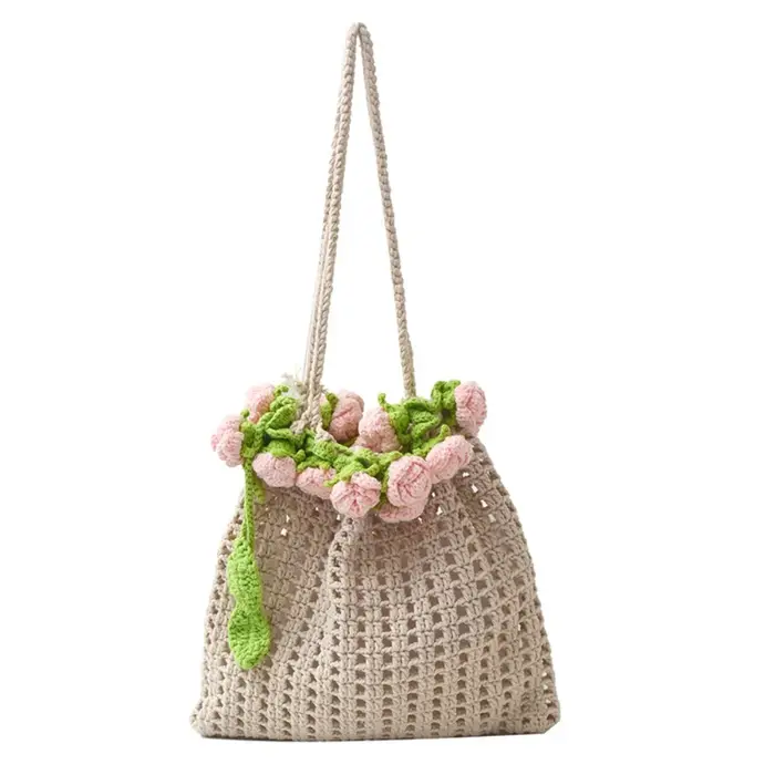 Sac tissé de Bouquet de roses bohème, sac à bandoulière en corde de coton tricoté au Crochet, sac de