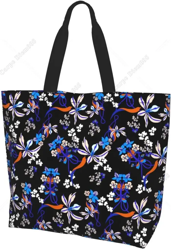 Sac fourre-tout floral bleu vintage pour femme, grand sac réutilisable pour femme, sac initié à la m