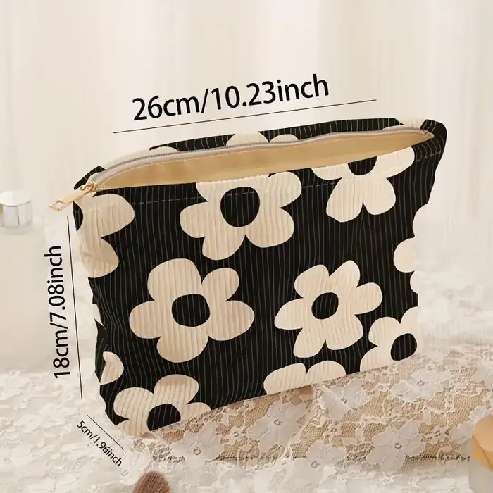 Pochette de maquillage en velours côtelé à imprimé floral jaune