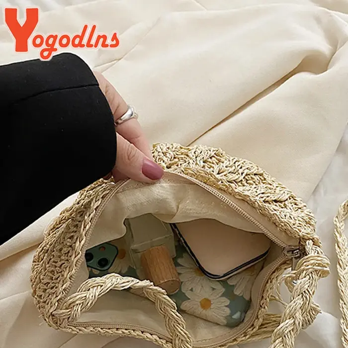 Yogodlns nouveaux sacs de paille demi-ronds pour les femmes été plage sac en rotin tissé à la main demi-lune