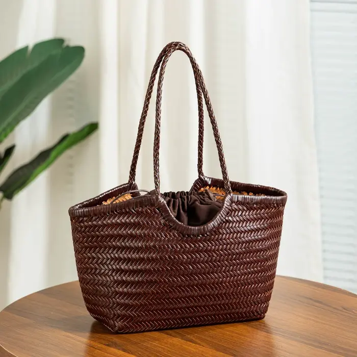 Sac fourre-tout tissé en cuir véritable pour femme