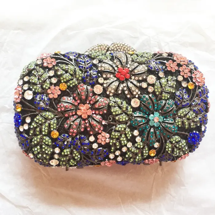 WHTUOHENG Pochette de soirée en métal doré avec pierres florales, sac à main ajouré orné de diamants