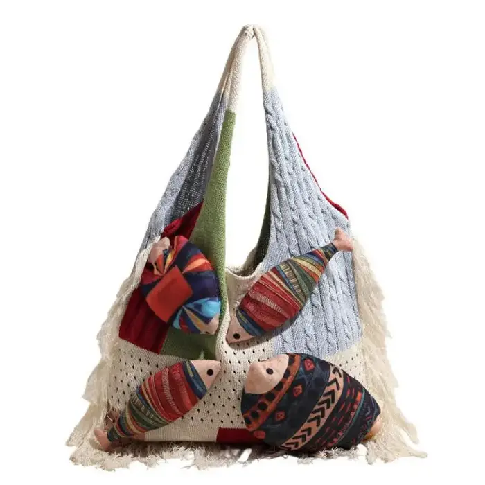 Sac fourre-tout tricoté bohème avec pendentif poisson mignon et motif ethnique, grande capacité, par